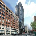 An artist?s rendering of the 21-story hotel approved for Kneeland Street in the Leather District.